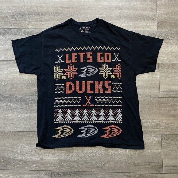 Anaheim Ducks T Shirt Size XL Ugly Christmas Sweater Style Lets Go Ducks Black - Picture 1 of 3